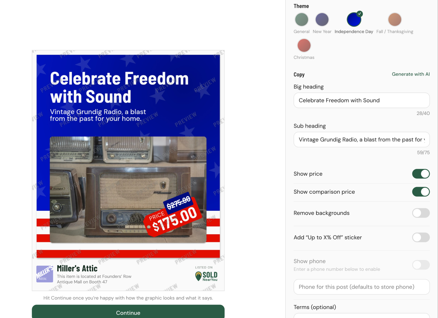 Jack taps once and gets a branded Fourth of July graphic with the price and Miller's Attic name already on it