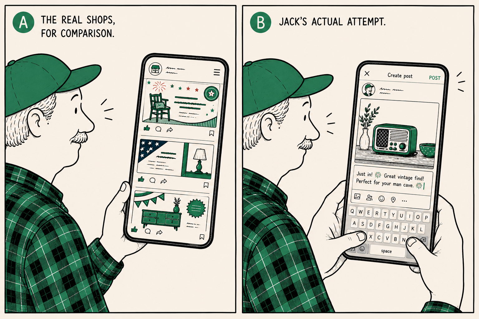 Jack typing a Fourth of July caption onto the same bare photo he always posts, item unchanged