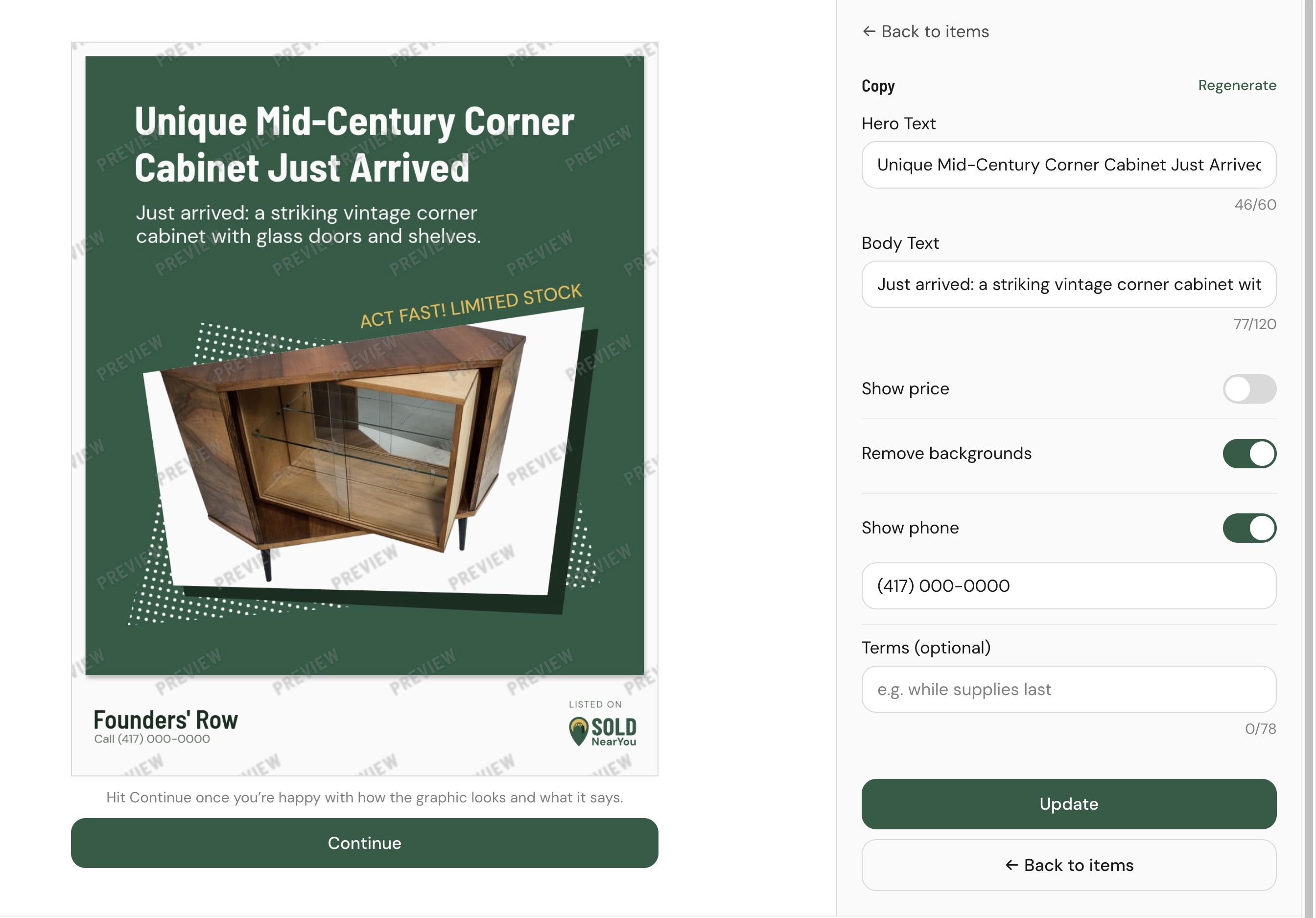 Linda taps once and gets a branded, ready-to-post graphic with the price and logo already on it