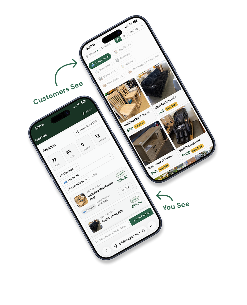The SoldNearYou customer catalog next to the admin dashboard you manage it from
