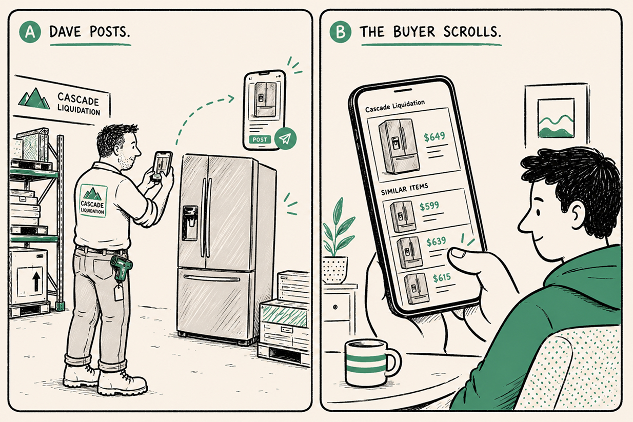 Dave posting a fridge to Facebook while a buyer browses competitor listings