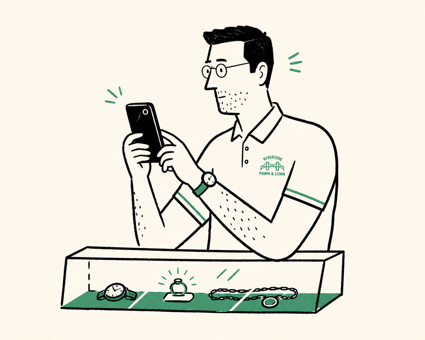 Illustration of Marcus, owner of Riverside Pawn & Loan