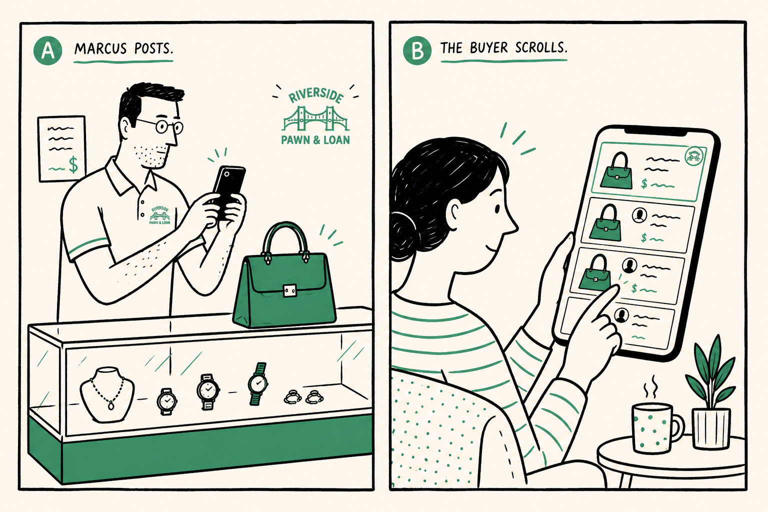 Marcus posting a designer handbag to Facebook while a buyer browses competitor listings