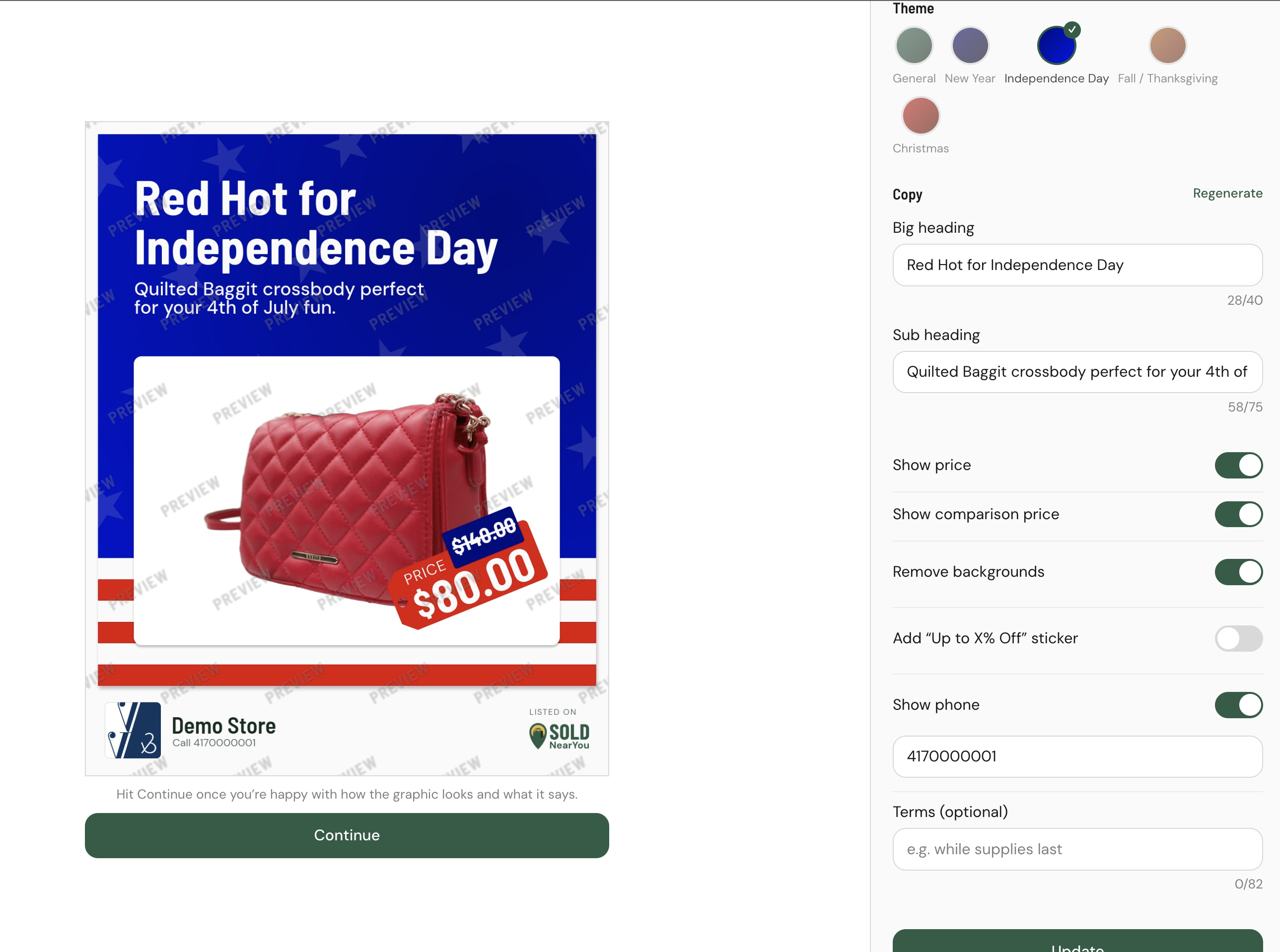 Marcus taps once and gets a branded, ready-to-post graphic with the price and logo already on it