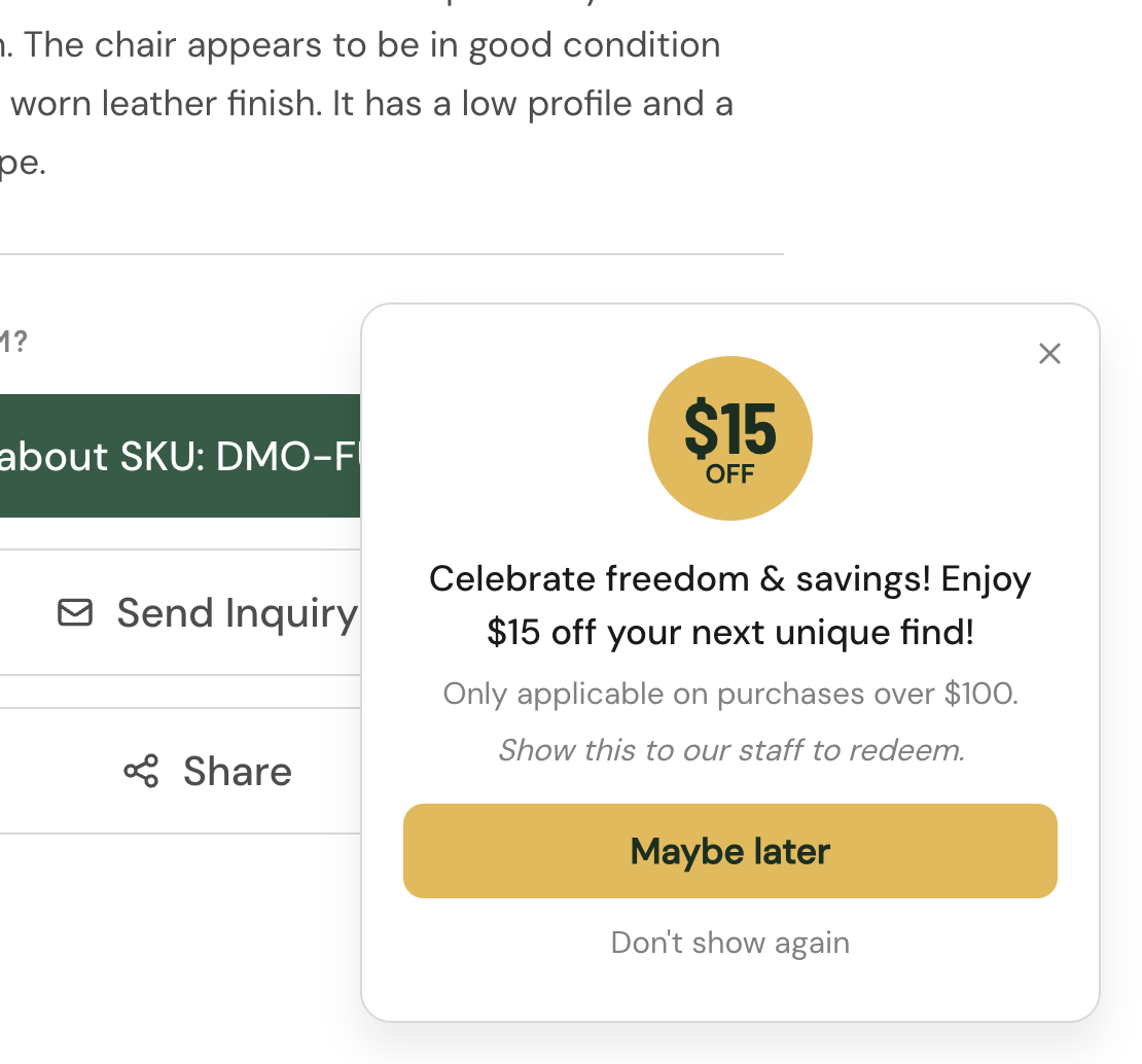 Offer popup on the customer catalog